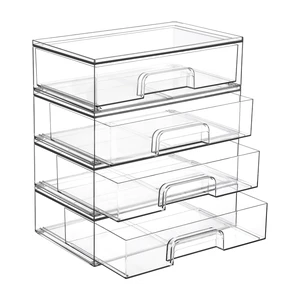 Clear Stackable Storage Drawers, 4 Pack Wide Plastic Organizers | Clear Pull-Out Plastic Drawers, Stackable Design for Makeup Palettes, Cosmetics, Beauty Supplies, Vanity, Cabinet and Desk Clear Stackable Storage Drawers, 4 Pack Wide Plastic Organizers | Clear Pull-Out Plastic Drawers, Stackable Design for Makeup Palettes, Cosmetics, Beauty Supplies, Vanity, Cabinet and Desk