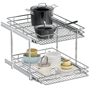 2-Tier Pull Out Cabinet Organizer, 19.5" W x 21.5" D, Heavy Duty Dual Slide Out Shelves for Base Cabinets, Chrome Wire Basket Drawer for Pantry, Kitchen & Bathroom Storage