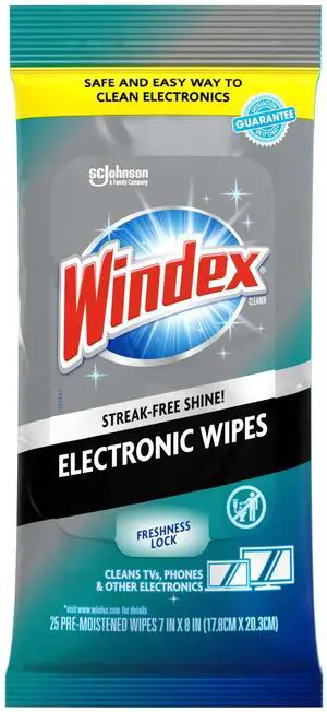Windex Electronic Cleaning Wipes, Pre-Moistened Screen Wipes for TVs, Phones, and Other Electronics, Resealable for a Freshness Lock, 25 Count Windex Electronic Cleaning Wipes, Pre-Moistened Screen Wipes for TVs, Phones, and Other Electronics, Resealable for a Freshness Lock, 25 Count
