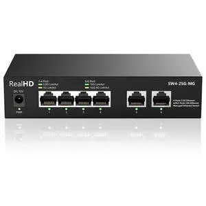 6-Port 10Gb Web Managed Ethernet Network Switch ^^ 2 x 10Gb RJ-45 Ports ^^ 4 x 2.5Gb Base-T Ports ^^ Multi Gigabit Switch 10-100-1000Mbps ^^ 60G Bandwidth ^^ Fanless Metal Internet Switch 6-Port 10Gb Web Managed Ethernet Network Switch ^^ 2 x 10Gb RJ-45 Ports ^^ 4 x 2.5Gb Base-T Ports ^^ Multi Gigabit Switch 10-100-1000Mbps ^^ 60G Bandwidth ^^ Fanless Metal Internet Switch