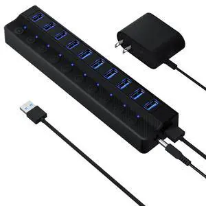 ONFINIO Powered USB Hub 3.0, 10-Port USB Splitter Hub with Individual On/Off Switches and 12V/2A Power Adapter USB Extension ONFINIO Powered USB Hub 3.0, 10-Port USB Splitter Hub with Individual On/Off Switches and 12V/2A Power Adapter USB Extension
