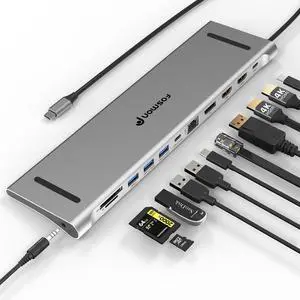 Fosmon 11-in-1 USB-C Hub, Multiport Adapter with 4K Dual HDMI, DisplayPort, USB-C, USB 3.0, USB 2.0, TF, RJ45 Ethernet for Laptops, Tablets Fosmon 11-in-1 USB-C Hub, Multiport Adapter with 4K Dual HDMI, DisplayPort, USB-C, USB 3.0, USB 2.0, TF, RJ45 Ethernet for Laptops, Tablets