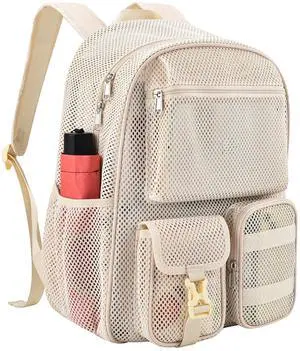 Slumou Mesh Backpack for School, 25L Large Heavy Duty mesh Schoolbag for Adults Girls Boys Kids with Inner Laptop Compartment for Outdoor Hiking Beach(Cream, Small) Slumou Mesh Backpack for School, 25L Large Heavy Duty mesh Schoolbag for Adults Girls Boys Kids with Inner Laptop Compartment for Outdoor Hiking Beach(Cream, Small)