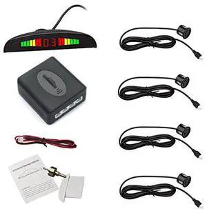 Eunavi Car Reverse Backup Radar System, 4 Black Parking Sensors, LED Display, High-Volume Warning Buzzer, Universal Fit, Drill Head Included Eunavi Car Reverse Backup Radar System, 4 Black Parking Sensors, LED Display, High-Volume Warning Buzzer, Universal Fit, Drill Head Included