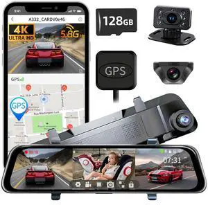 Pahaa L09 12" 4K Mirror Dash Cam and Backup Camera with Front and Rear Dual Cameras, Built-in GPS, Wi-Fi, Loop Recording, G-Sensor, WDR, and HDR Night Vision, Includes 128GB Memory Card Pahaa L09 12" 4K Mirror Dash Cam and Backup Camera with Front and Rear Dual Cameras, Built-in GPS, Wi-Fi, Loop Recording, G-Sensor, WDR, and HDR Night Vision, Includes 128GB Memory Card