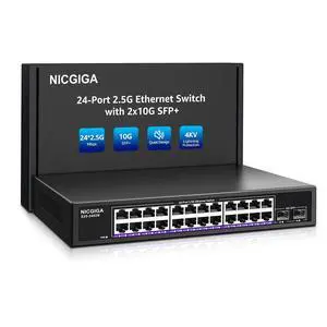 24 Port 2.5Gb + 2 Port 10Gb SFP+ Ethernet Switch, NICGIGA 26 Port 2.5G Network Switch Unmanaged, Plug & Play, Desktop or 19-inch Rack Mount, Fanless Metal Design. 24 Port 2.5Gb + 2 Port 10Gb SFP+ Ethernet Switch, NICGIGA 26 Port 2.5G Network Switch Unmanaged, Plug & Play, Desktop or 19-inch Rack Mount, Fanless Metal Design.