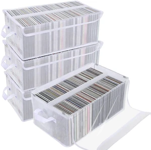 4 Pack Large CD Storage Box with Lid & Handles, Stackable Foldable CD/DVD Organizer with Divider, Waterproof Visible Media Storage Case, Holds up to 92 CD Cases Each for Home and 4 Pack Large CD Storage Box with Lid & Handles, Stackable Foldable CD/DVD Organizer with Divider, Waterproof Visible Media Storage Case, Holds up to 92 CD Cases Each for Home and