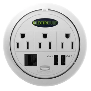Power Tap Grommet with Hidden Power Center w/ 3 Power, 2 USB & 1 Cat5E - White Power Tap Grommet with Hidden Power Center w/ 3 Power, 2 USB & 1 Cat5E - White