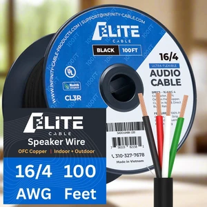 Elite 16/4 Speaker Wire 100ft, UL Listed, CMR/CL3R, (Riser/In-Wall & Outdoor/In-Ground (Direct Burial)- 100% Oxygen Free Pure Bare Copper (OFC), 16AWG/4-Conductor, 100ft Bulk Cable (65 strands), Black Elite 16/4 Speaker Wire 100ft, UL Listed, CMR/CL3R, (Riser/In-Wall & Outdoor/In-Ground (Direct Burial)- 100% Oxygen Free Pure Bare Copper (OFC), 16AWG/4-Conductor, 100ft Bulk Cable (65 strands), Black