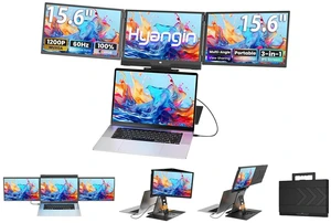 Hyangin Triple Screen Laptop Monitor Extender 15.6", 2026 Upgraded One Cable Connection Portable Quad Monitor, 1200P Portable Triple Monitors for Laptop, Compatible with Windows/Mac/Chrome OS/Phones Hyangin Triple Screen Laptop Monitor Extender 15.6", 2026 Upgraded One Cable Connection Portable Quad Monitor, 1200P Portable Triple Monitors for Laptop, Compatible with Windows/Mac/Chrome OS/Phones