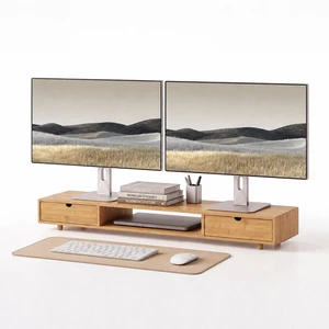 ROCDEER Bamboo Dual Monitor Stand, Natural Desk Shelf with 2 Drawers ROCDEER Bamboo Dual Monitor Stand, Natural Desk Shelf with 2 Drawers