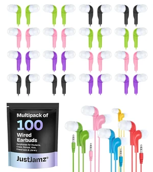 JustJamz Jelly Roll Bulk Earbuds for Classroom (100 Pack) Colorful Wired Student Earbuds with 3.5mm Jack Disposable Headphones Bulk Set for Schools, Testing, and District Procurement JustJamz Jelly Roll Bulk Earbuds for Classroom (100 Pack) Colorful Wired Student Earbuds with 3.5mm Jack Disposable Headphones Bulk Set for Schools, Testing, and District Procurement