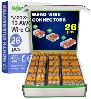 WAGO 221 Series 26pc 10 AWG Compact Splicing Wire Connectors | Includes (10x 221-612), (10x 221-613), (6X 221-615) | WAGO Wire Connectors | 221 Series 10 AWG Lever Nuts | (2-Port) (3-Port) (5-Port) WAGO 221 Series 26pc 10 AWG Compact Splicing Wire Connectors | Includes (10x 221-612), (10x 221-613), (6X 221-615) | WAGO Wire Connectors | 221 Series 10 AWG Lever Nuts | (2-Port) (3-Port) (5-Port)