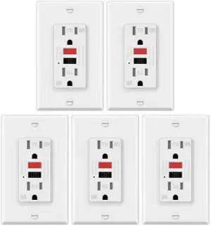 ELECTECK 5 Pack GFCI Outlets 15 Amp, Outdoor Weather Resistant (WR), Decor GFI Receptacles with LED Indicator, Ground Fault Circuit Interrupter, Wallplate Included, ETL Certified, Black/Red Button ELECTECK 5 Pack GFCI Outlets 15 Amp, Outdoor Weather Resistant (WR), Decor GFI Receptacles with LED Indicator, Ground Fault Circuit Interrupter, Wallplate Included, ETL Certified, Black/Red Button