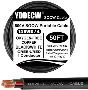 50ft 14/4 14 AWG Portable Power Cable (4 Conductor) - SOOW 600V 14 Gauge Electric Wire for Motor Leads, Portable Lights, Battery Chargers and Machinery - 4 Conductor - 50 Feet Electrical Cord 50ft 14/4 14 AWG Portable Power Cable (4 Conductor) - SOOW 600V 14 Gauge Electric Wire for Motor Leads, Portable Lights, Battery Chargers and Machinery - 4 Conductor - 50 Feet Electrical Cord