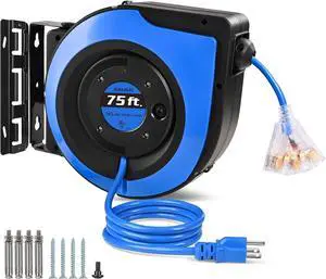 SURAIELEC Retractable Extension Cord Reel, 75 FT 14 AWG/3C SJTOW Power Cord, 3 Outlets Triple Tap, 10 AMP Circuit Breaker, Ceiling/Wall Mount, UL Listed SURAIELEC Retractable Extension Cord Reel, 75 FT 14 AWG/3C SJTOW Power Cord, 3 Outlets Triple Tap, 10 AMP Circuit Breaker, Ceiling/Wall Mount, UL Listed