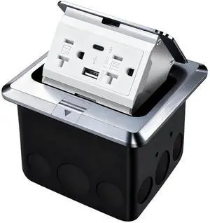 Pop Up Waterproof Floor Electrical Box with 4.8A USB Charger, Type c Charger and 2 Outlet Receptacle Stainless Steel Plating Pop Up Waterproof Floor Electrical Box with 4.8A USB Charger, Type c Charger and 2 Outlet Receptacle Stainless Steel Plating