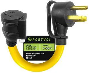 NEMA 6-50P to 6-20/15R or 5-20/15R Adapter, 50 Amp to 20 Amp 250V Right Angle Plug with Built-in Circuit Breaker NEMA 6-50P to 6-20/15R or 5-20/15R Adapter, 50 Amp to 20 Amp 250V Right Angle Plug with Built-in Circuit Breaker