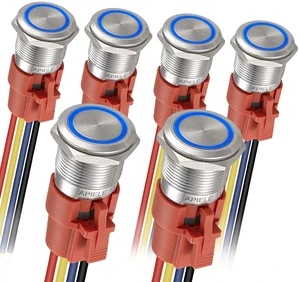 6-Pack 19mm Latching Push Button Switch, 12-24V DC LED SPDT, Stainless Steel, Silver/Blue 6-Pack 19mm Latching Push Button Switch, 12-24V DC LED SPDT, Stainless Steel, Silver/Blue