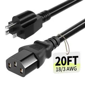 Vockjour 3 Prong AC Power Cord Cable 20ft 10 Amps 125 Volts 18AWG, NEMA 5-15P to C13, Black PC Power Cable for TV, Computer, Monitor, PrinterPlayStation, HP, Dell, Lenovo, Apple, Asus-ETL Listed Vockjour 3 Prong AC Power Cord Cable 20ft 10 Amps 125 Volts 18AWG, NEMA 5-15P to C13, Black PC Power Cable for TV, Computer, Monitor, PrinterPlayStation, HP, Dell, Lenovo, Apple, Asus-ETL Listed