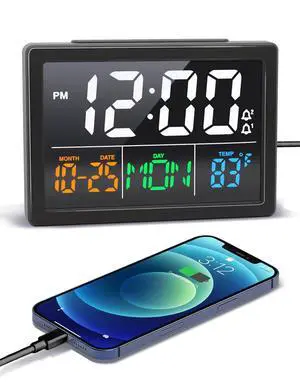 Digital Alarm Clock, with 5.5" Large LED Time Display, Adjustable Alarm Volume, 6 Level Brightness, Alarm Settings, USB Charger, Temperature Detect, Snooze, Clocks for Bedroom, Bedside, Desk, Black Digital Alarm Clock, with 5.5" Large LED Time Display, Adjustable Alarm Volume, 6 Level Brightness, Alarm Settings, USB Charger, Temperature Detect, Snooze, Clocks for Bedroom, Bedside, Desk, Black