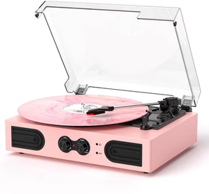 Vinyl Record Player with Stereo Speakers, Bluetooth in & Bass Control, Pink Dual Built-in Speakers, Vintage 3-Speed Belt-Drive Turntable, Treble & Bass Control, RCA-Out/AUX-in, Headphone Jack, Pink Vinyl Record Player with Stereo Speakers, Bluetooth in & Bass Control, Pink Dual Built-in Speakers, Vintage 3-Speed Belt-Drive Turntable, Treble & Bass Control, RCA-Out/AUX-in, Headphone Jack, Pink