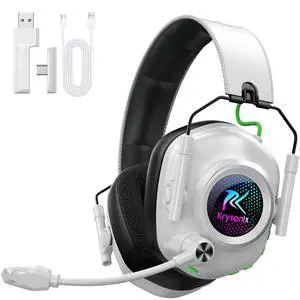 2.4 GHz Wireless Gaming Headset for PC, PS5, PS4, Switch, Mac, Bluetooth 5.4 Gaming Headphones with Noise Canceling Microphone, Cool RGB Lighting, 50Hr Battery, Foldable, 50mm Drivers-White 2.4 GHz Wireless Gaming Headset for PC, PS5, PS4, Switch, Mac, Bluetooth 5.4 Gaming Headphones with Noise Canceling Microphone, Cool RGB Lighting, 50Hr Battery, Foldable, 50mm Drivers-White