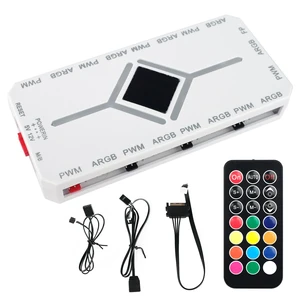 ARGB PWM Fan Hub, Addressable 5V-3PIN 2-in-1 RGB Computer PC Case Fan Hub 1 to 9 Ports Magnetic Splitter with Remote SATA Power Supply, Power Off Memory, White ARGB PWM Fan Hub, Addressable 5V-3PIN 2-in-1 RGB Computer PC Case Fan Hub 1 to 9 Ports Magnetic Splitter with Remote SATA Power Supply, Power Off Memory, White