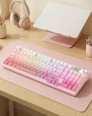 EWEADN V102 Wireless Keyboards, Gaming Keyboard with Display Screen & Media Knob, Custom RGB Backlit, Tri-Mode BT5.0/2.4GHz/Wired Membrane Creamy Keyboard, Quiet Typing for Windows/MAC-Gradient Pink EWEADN V102 Wireless Keyboards, Gaming Keyboard with Display Screen & Media Knob, Custom RGB Backlit, Tri-Mode BT5.0/2.4GHz/Wired Membrane Creamy Keyboard, Quiet Typing for Windows/MAC-Gradient Pink