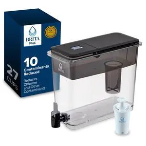 Extra-Large 27-Cup Water Dispenser with BritaPlus Filter, WQA NSF/ANSI Certified, Reduces 2X Contaminants vs. Standard, Reduces Chlorine, Zinc, Copper, Mercury & More, 1 Filter Included, Black Extra-Large 27-Cup Water Dispenser with BritaPlus Filter, WQA NSF/ANSI Certified, Reduces 2X Contaminants vs. Standard, Reduces Chlorine, Zinc, Copper, Mercury & More, 1 Filter Included, Black