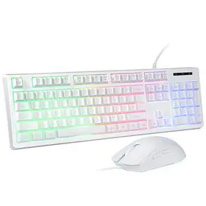 Wired Gaming Keyboard and Mouse Combo, Rainbow LED Backlit, 25 Keys Anti-ghosting Water Resistant Membrane Keyboard with 104 Keys, 1200-3600 DPI RGB Mouse for PC/Xbox/PS4 (White) Wired Gaming Keyboard and Mouse Combo, Rainbow LED Backlit, 25 Keys Anti-ghosting Water Resistant Membrane Keyboard with 104 Keys, 1200-3600 DPI RGB Mouse for PC/Xbox/PS4 (White)