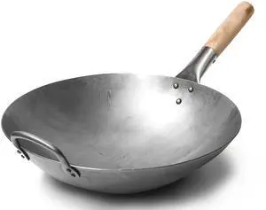 Traditional Hand Hammered Chinese Carbon Steel Wok with Wooden and Steel Helper Handle (14 Inch, Round Bottom Pow Wok Pan) / 731W88 Traditional Hand Hammered Chinese Carbon Steel Wok with Wooden and Steel Helper Handle (14 Inch, Round Bottom Pow Wok Pan) / 731W88