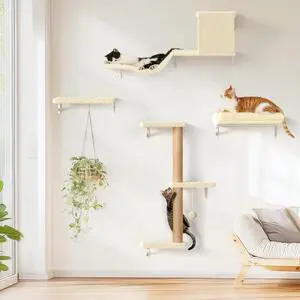 Cat Wall Shelves, Stable & Safe 4 in 1 Cat Walls Furniture Set, Wooden Kitten Climbing Wall with Scratching Post for 16 Inch Drywall - Beige Cat Wall Shelves, Stable & Safe 4 in 1 Cat Walls Furniture Set, Wooden Kitten Climbing Wall with Scratching Post for 16 Inch Drywall - Beige