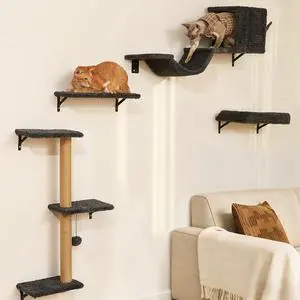 Cat Wall Shelves, Stable & Safe 4 in 1 Cat Walls Furniture Set, Wooden Kitten Climbing Wall with Scratching Post for 16 Inch Drywall - Gray Cat Wall Shelves, Stable & Safe 4 in 1 Cat Walls Furniture Set, Wooden Kitten Climbing Wall with Scratching Post for 16 Inch Drywall - Gray