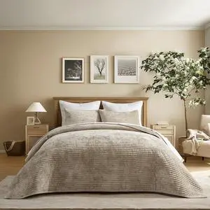 Velvet Quilt Set King Size, Luxurious Soft Striped Channel Bedding Set, Lightweight Velvet Comforter for All Season, Oversized Bedspread Coverlet with 2 Matching Shams, Beige Taupe Velvet Quilt Set King Size, Luxurious Soft Striped Channel Bedding Set, Lightweight Velvet Comforter for All Season, Oversized Bedspread Coverlet with 2 Matching Shams, Beige Taupe