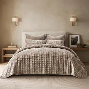 Luxury Velvet Quilt King Size Bedding Set, Ultra Soft Velvet Comforter Set, Lightweight Quilted Channel Box Stitch Oversized Bedspread Coverlet for All Season, with 2 Shams, Natural Tan Luxury Velvet Quilt King Size Bedding Set, Ultra Soft Velvet Comforter Set, Lightweight Quilted Channel Box Stitch Oversized Bedspread Coverlet for All Season, with 2 Shams, Natural Tan