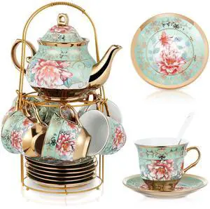 Zhehao 20 Pcs Porcelain Tea Set with Metal Holder and Spoon Adult Ceramic Tea Set European Flower Painting Teapot Cup Saucer Spoon for Women, Large Version (Fresh Style) Zhehao 20 Pcs Porcelain Tea Set with Metal Holder and Spoon Adult Ceramic Tea Set European Flower Painting Teapot Cup Saucer Spoon for Women, Large Version (Fresh Style)