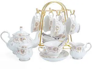 CHENP.HMC Tea Set 22-Piece Porcelain Ceramic Coffee Tea Gift Sets Cups Saucer Service for 6 Teapot Sugar Bowl Creamer Pitcher and Teaspoons (Chrysanthemum) CHENP.HMC Tea Set 22-Piece Porcelain Ceramic Coffee Tea Gift Sets Cups Saucer Service for 6 Teapot Sugar Bowl Creamer Pitcher and Teaspoons (Chrysanthemum)