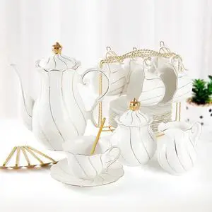DUJUST 22 pcs White Porcelain Tea Set for 6, Luxury British Style Tea/Coffee Cup Set with Golden Trim, Beautiful Tea Set for Women, Tea Party Set, Gift Package (With a Stand) DUJUST 22 pcs White Porcelain Tea Set for 6, Luxury British Style Tea/Coffee Cup Set with Golden Trim, Beautiful Tea Set for Women, Tea Party Set, Gift Package (With a Stand)