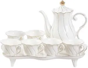 DUJUST 14 pcs Tea Set for 6 with Tea Tray & Spoons, Luxury British Style Coffee Cup Set with Golden Trim, Beautiful Porcelain Set for Living Room Decor, Tea Party Set, Gift Package - White DUJUST 14 pcs Tea Set for 6 with Tea Tray & Spoons, Luxury British Style Coffee Cup Set with Golden Trim, Beautiful Porcelain Set for Living Room Decor, Tea Party Set, Gift Package - White