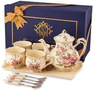 YOLIFE Porcelain Tea Set Vintage Rose, Tea Cups with Teapot, Serving Tray and Teaspoon Service for 4, Suitable for Tea Party Gifts YOLIFE Porcelain Tea Set Vintage Rose, Tea Cups with Teapot, Serving Tray and Teaspoon Service for 4, Suitable for Tea Party Gifts