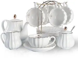 Porcelain Tea Sets British Royal Series, 8 OZ Cups& Saucer Service for 6, with Teapot Sugar Bowl Cream Pitcher Teaspoons and tea strainer for Tea/Coffee, Pukka Home (Pure White) Porcelain Tea Sets British Royal Series, 8 OZ Cups& Saucer Service for 6, with Teapot Sugar Bowl Cream Pitcher Teaspoons and tea strainer for Tea/Coffee, Pukka Home (Pure White)