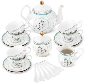 fanquare 21 Pieces Royal Style Porcelain Tea Set with Gold Trim, Vintage White Camellia Polka Dots Tea Sets, 6 Teacup and Saucers for Party Home Wedding fanquare 21 Pieces Royal Style Porcelain Tea Set with Gold Trim, Vintage White Camellia Polka Dots Tea Sets, 6 Teacup and Saucers for Party Home Wedding