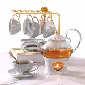 DUJUST 21 pcs Small Tea Set of 6, Gray Marble Texture with Handcraft Golden Trim, Fine Porcelain Tea pot Set for Kids&Adults, 1 Glass Teapot(22oz), 6 Cups(4oz), 6 Saucers, 6 Spoons, 1 Shelf&1 Warmer DUJUST 21 pcs Small Tea Set of 6, Gray Marble Texture with Handcraft Golden Trim, Fine Porcelain Tea pot Set for Kids&Adults, 1 Glass Teapot(22oz), 6 Cups(4oz), 6 Saucers, 6 Spoons, 1 Shelf&1 Warmer