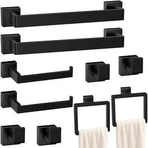 Bathroom Accessories Towel Bar Set: 10 Pieces Matte Black Bathroom Hardware Square SUS304 Stainless Steel - Wall Mounted Towel Rack&Toilet Paper Holder&Towel Ring and Towel Hook Bathroom Accessories Towel Bar Set: 10 Pieces Matte Black Bathroom Hardware Square SUS304 Stainless Steel - Wall Mounted Towel Rack&Toilet Paper Holder&Towel Ring and Towel Hook