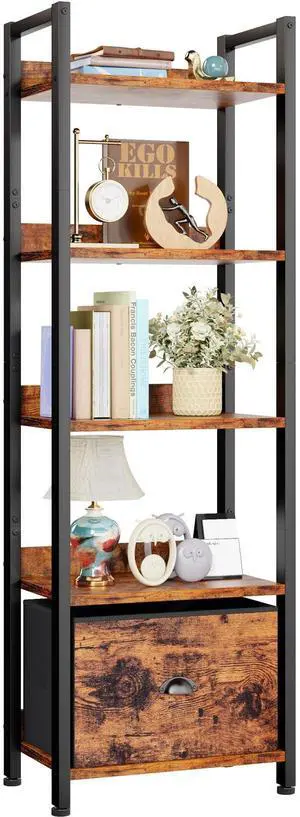 Furologee 5 Tier Bookshelf with Drawer, Tall Narrow Bookcase with Shelves, Wood and Metal Bookshelves Storage Organizer, Industrial Display Standing Shelf Unit for Bedroom, Living Room, Rustic Brown Furologee 5 Tier Bookshelf with Drawer, Tall Narrow Bookcase with Shelves, Wood and Metal Bookshelves Storage Organizer, Industrial Display Standing Shelf Unit for Bedroom, Living Room, Rustic Brown