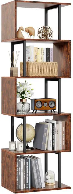 Furologee 6 Tier Bookshelf, Tall S Shaped Geometric Bookcase, Modern Display Shelf Standing Unit, Wood Metal Decorative Divider Rack for Living Room Bedroom Office, Rustic Brown Furologee 6 Tier Bookshelf, Tall S Shaped Geometric Bookcase, Modern Display Shelf Standing Unit, Wood Metal Decorative Divider Rack for Living Room Bedroom Office, Rustic Brown