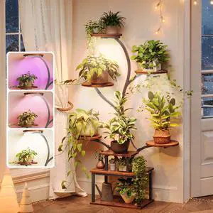 PRAISUN 51 Inch Plant Stand with Grow Lights, 8 Tiered Indoor Plant Shelf with Larger Flower Holder, Curved-tubed Design, 3 Light Modes, Corner Plant Rack for Living Room, Rustic Brown PRAISUN 51 Inch Plant Stand with Grow Lights, 8 Tiered Indoor Plant Shelf with Larger Flower Holder, Curved-tubed Design, 3 Light Modes, Corner Plant Rack for Living Room, Rustic Brown
