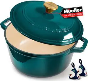 Mueller DuraCast 6 Quart Enameled Cast Iron Dutch Oven Pot with Lid, Heavy-Duty, Oven Safe up to 500° F & Across All Cooktops, Wedding Registry Ideas & Gifts, Emerald Mueller DuraCast 6 Quart Enameled Cast Iron Dutch Oven Pot with Lid, Heavy-Duty, Oven Safe up to 500° F & Across All Cooktops, Wedding Registry Ideas & Gifts, Emerald