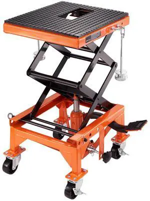 Hydraulic Motorcycle Lift Table, 350 LBS Capacity Motorcycle Scissor Jack Lift with Wide Deck, J-hooks, 4 Wheels, Hydraulic Foot-Operated Jack Stand for ATV Dirt Bikes Hydraulic Motorcycle Lift Table, 350 LBS Capacity Motorcycle Scissor Jack Lift with Wide Deck, J-hooks, 4 Wheels, Hydraulic Foot-Operated Jack Stand for ATV Dirt Bikes
